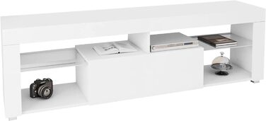Тумба під телевізор ML-Design, біла, дерево, 140x51x35 см, сучасна, з висувним ящиком і 2 скляними полицями, без ручок, стояча