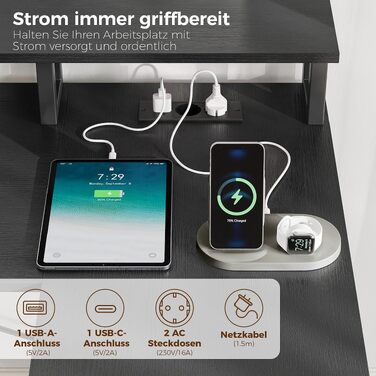 Ігровий кутовий стіл IRONCK L-подібний з LED-підсвіткою, розетками (2AC+1USB+1C), 6 шухлядами та підставкою для монітора, 189x100 см, чорний