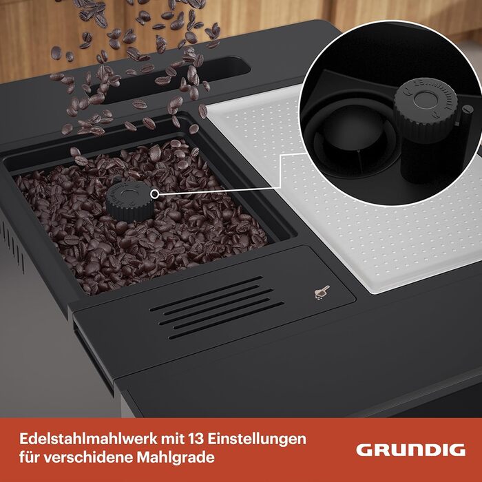 Кавомашина автоматична Grundig KVA 6230, 19 бар, сталева кавомолка (13 ступенів), капучинатор, підігрів чашок, чорний/сріблястий