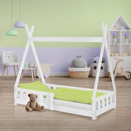 Дитяче ліжко-халапа Tipi 70x140 см біле з бортиками та ламелями, з сосни, індіанське ліжко для дівчаток та хлопчиків, будиночок-ліжко з огорожею, ліжко-халапа для дітей та підлітків, ігрове ліжко-намет