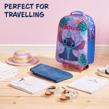 Дитяча валіза-тролей Disney Stitch для дівчаток та хлопчиків, ручний багаж з колесами для подорожей та відпустки, офіційний мерч Stitch, 47x30x17 см, синя