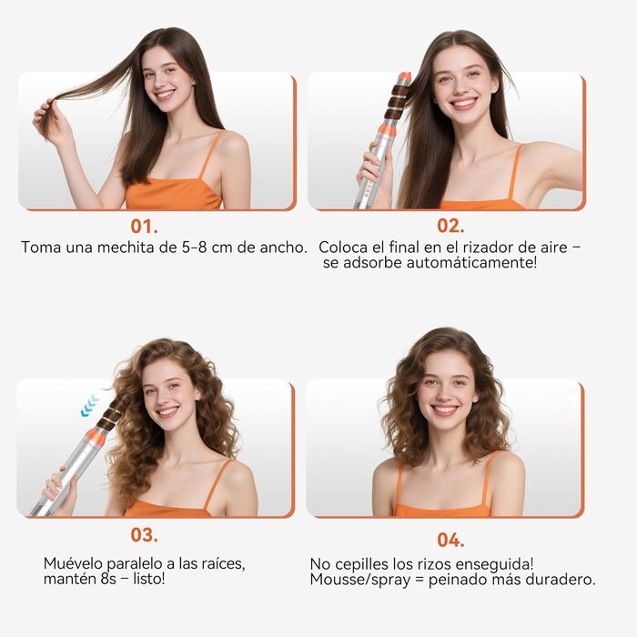 Hairstyler 5-в-1 з ефектом Coandă: Фен-щітка, автоматичний завивач, кругла щітка для об'єму та сушіння (Помаранчевий)