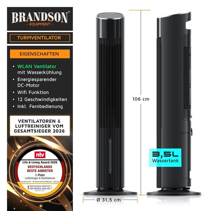 Brandson ECO GREEN Турельний вентилятор з водяним охолодженням та WiFi (Smart Home/Alexa) - Чорний матовий