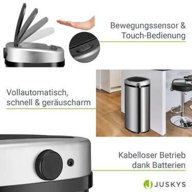 Смітник для кухні Juskys з сенсором руху, 60 л, сріблястий, з кришкою та тримачем пакета, нержавіюча сталь, безконтактне відкривання