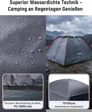 Намет для кемпінгу KingCamp на 2-3 особи, водонепроникний (3000 мм), сірий