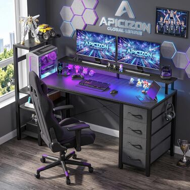Ігровий стіл APICIZON 150 см з поличкою, підставкою під монітор та RGB-підсвіткою, чорний. Комп'ютерний стіл з USB, тримачем для навушників та підставки для чашки, карбоновий дизайн