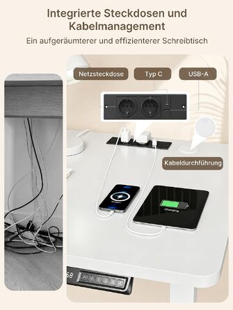 Регульований по висоті письмовий стіл JUMMICO 180x80 см з розеткою, білий