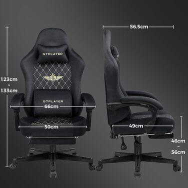 Ігрове крісло GTPLAYER з тканини, ергономічне комп’ютерне крісло для геймерів і офісу, до 150 кг, з регульованою спинкою, обертове, з пружинною подушкою та підніжкою, чорне