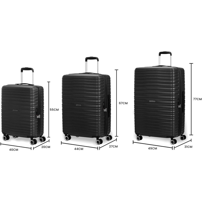 Набір валіз American Tourister Aerotech (3 шт.) – ручна, середня, велика, розширювана, з TSA-замком, блакитний (Metallic Navy) / чорний (Metallic Black)