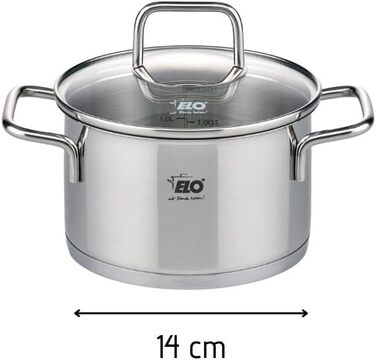 Каструля Elo 7241426 з нержавіючої сталі з скляною кришкою, 1,2 л, універсальна для всіх плит, сіра, 14 x 9,5 см