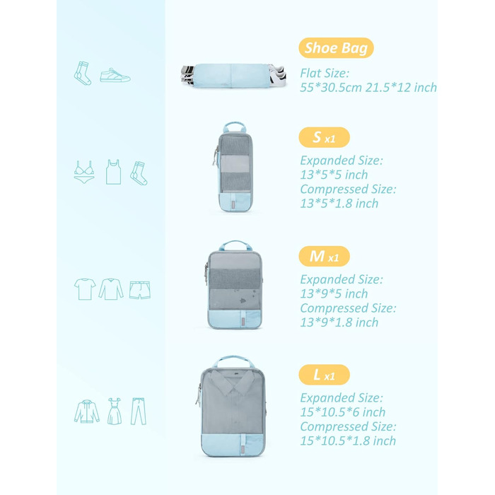 Набір компресійних органайзерів для подорожей Bagsmart, розширювані пакувальні куби для валізи та одягу, 4 шт, світло-блакитний