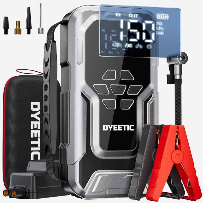 Powerbank Starthilfe 6000A з компресором 150PSI: портативний пусковий пристрій для авто та мото (бензин, дизель до 10.0L) з LED-ліхтариком QC3.0, срібний
