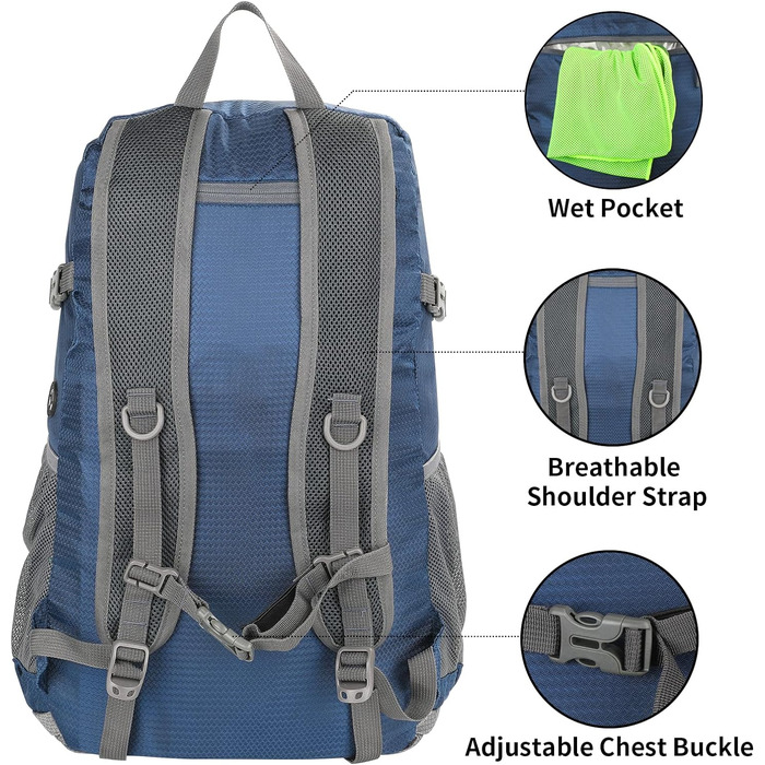 Складаний рюкзак WATERFLY 30L для походів, водонепроникний, ультралегкий, з відділенням для вологих речей, для чоловіків і жінок, темно-синій, для туризму, подорожей та прогулянок