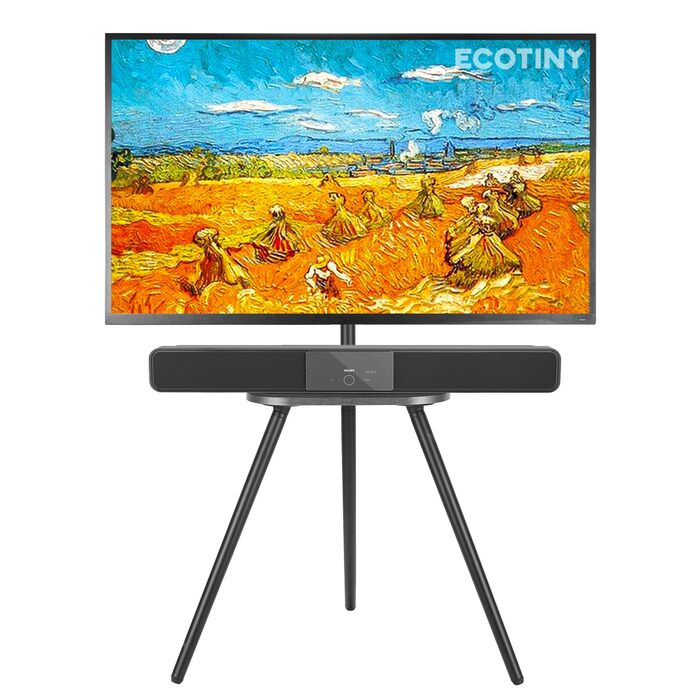 Підставка для телевізора 43-65 дюймів (LCD, LED, OLED) до 35 кг, регульована по висоті та поворотна, дерев'яна, з підносом, VESA 400x400 мм, чорний кований метал