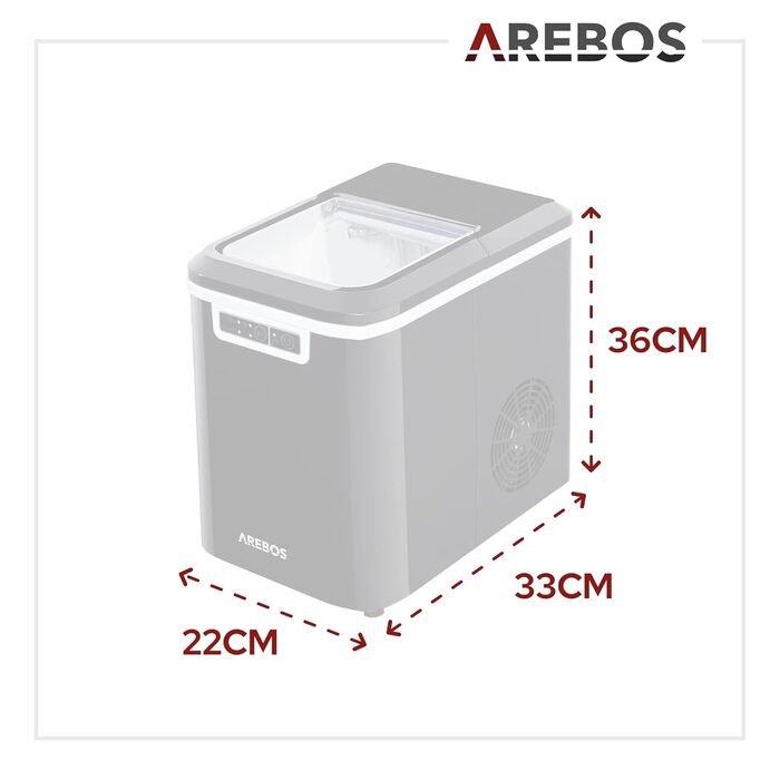 Машина для приготування льоду Arebos, 12 кг/24 год, 2 розміри кубиків, 2,2 л, автоматична, тиха, самочищення, чорна