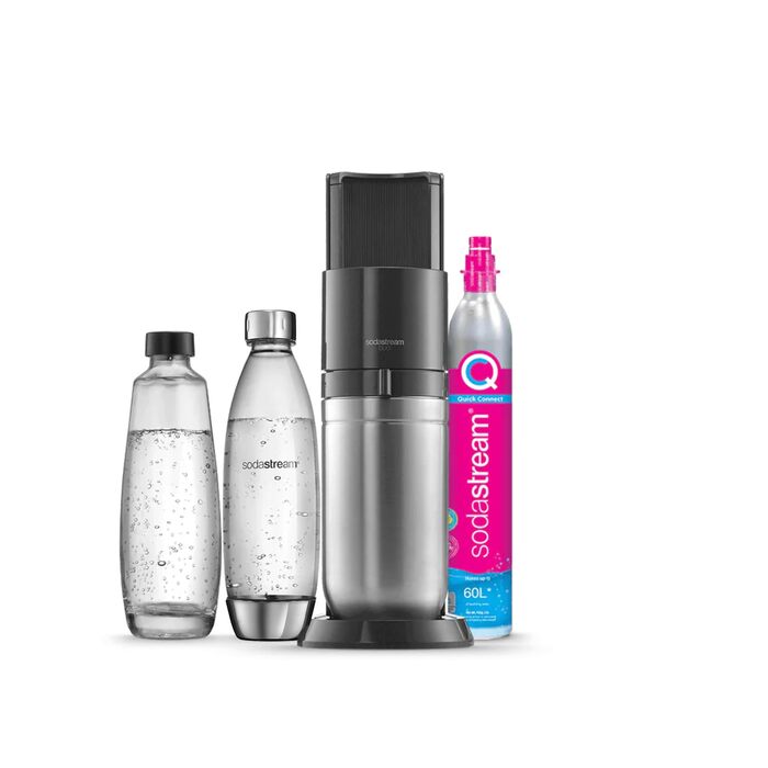 Сифон для газування води SodaStream Duo з скляним і пластиковим пляшками по 1 л, циліндр CO2 на 60 л, чорний (Stainless Finish)