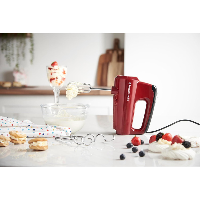 Міксер ручний Russell Hobbs Desire Red 5 швидкостей + турбо, насадки для тіста, кнопка виштовхування, підставка