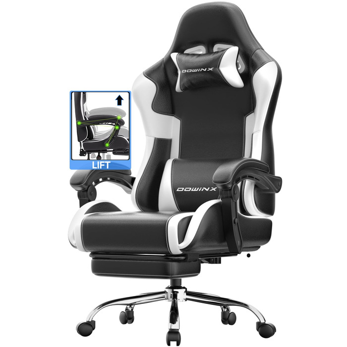 Ігрове крісло Dowinx Ergonomic Gaming Chair з підставкою для ніг, витримує до 150 кг, регульовані підлокітники, офісне крісло для ПК та комп'ютера, колір: кремово-білий