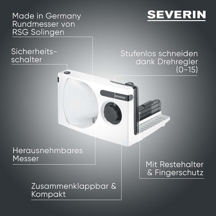 Слайсер Severin AS 3912 для хліба, ковбаси та сиру, машина для нарізки з регулюванням товщини до 15 мм, біло-чорний