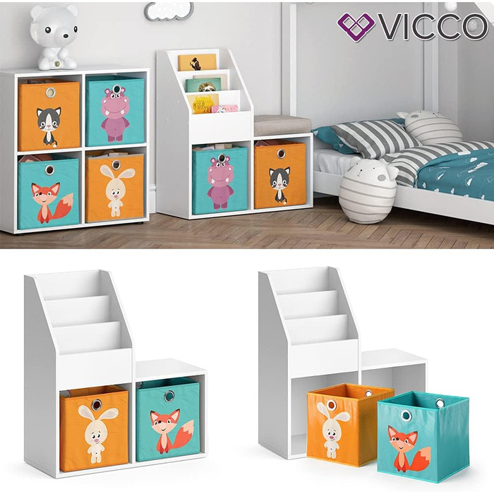 Дитяча книжкова полиця Vicco Luigi, біла, 72x79 см, з 2 складними коробами, малюнок Лисиця/Заєць