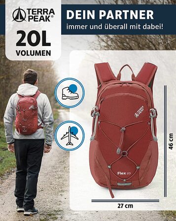 Рюкзак для туризму Terra Peak Flex 20 л, преміум, з вентиляцією спини, питною системою та дощовиком, темно-червоний, поліестер 3D Air Mesh, з поясним ременем