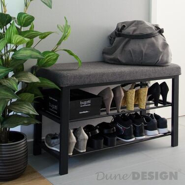 DuneDesign взуттєва полиця 81x32x46 см, відкрита металева лавка для взуття з 2 полицями та м'яким сидінням з льону, сіра