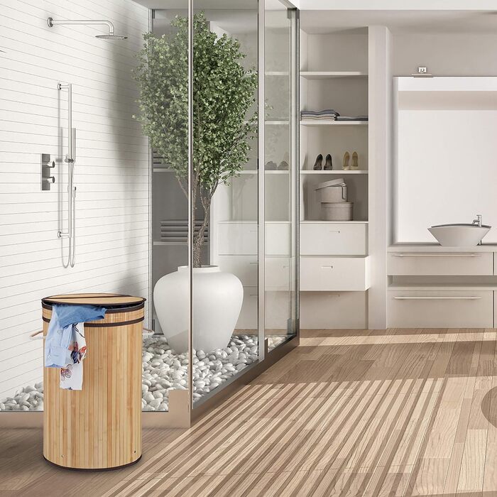 Кошик для білизни Relaxdays з бамбука, круглий, з кришкою, 65 л, складаний, Ø 40 см, чорний