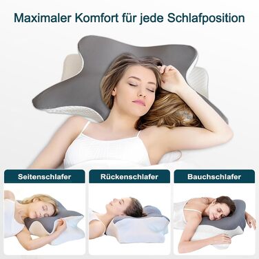 Ортопедична подушка для шиї з піни Memory Foam – підтримка шийного відділу хребта, ергономічна подушка-метелик для сну на боку та спині. При болях у шиї, регульована висота, знімний чохол.