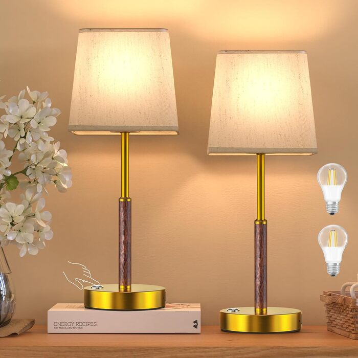 Guijiyi Настільна лампа з димером, сенсорна, 2 шт., бездротова, з 2 LED-лампами, лляний абажур, портативна, USB-зарядка, для декору спальні, вітальні, тумбочки, дитячої кімнати