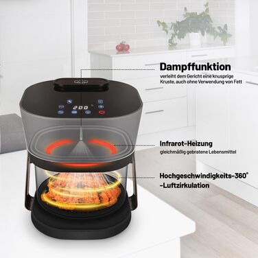 Аерофритюрниця Lauben Glass&Steam 4500BG зі скляним кошиком та функцією пари, 8 програм, 4.5л