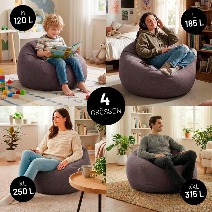 Мішок для сидіння Lumaland Comfort Line 80x90x50 см, темно-сірий - м'яке та зручне крісло-мішок для дітей та дорослих з EPS-гранулами