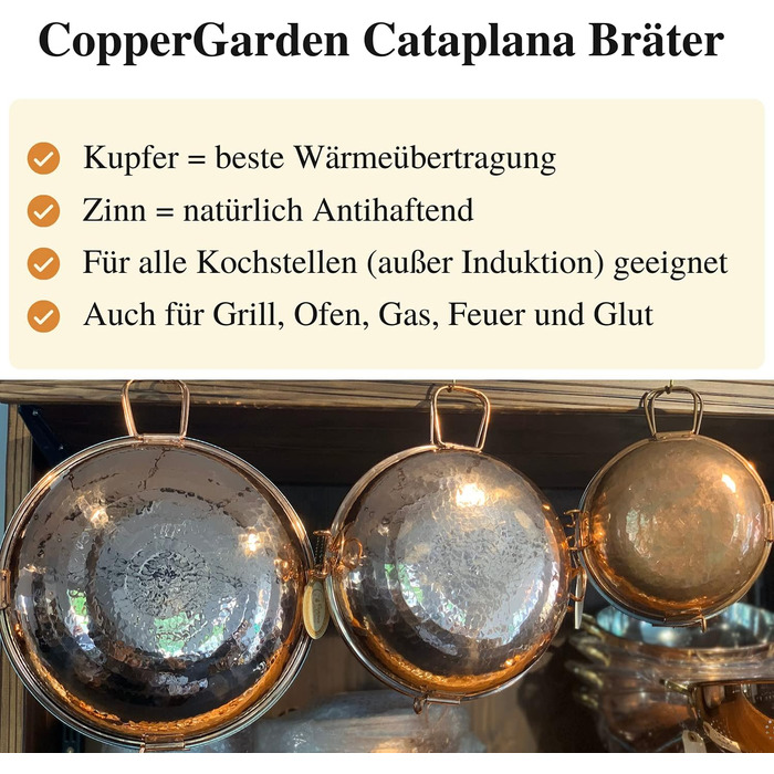 Мідний казан-катаплана CopperGarden® 18 см, ручне лудіння, португальський, для газу, вогню, гриля та духовки, ідеальна теплопровідність, молоткова обробка
