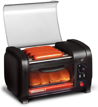 Тостер для хот-догів Elite Cuisine EHD-051B, 30-хвилинний таймер, сталеві нагрівальні ролики, піддон для крихт, 4 булочки, чорний, серія World Series Baseball