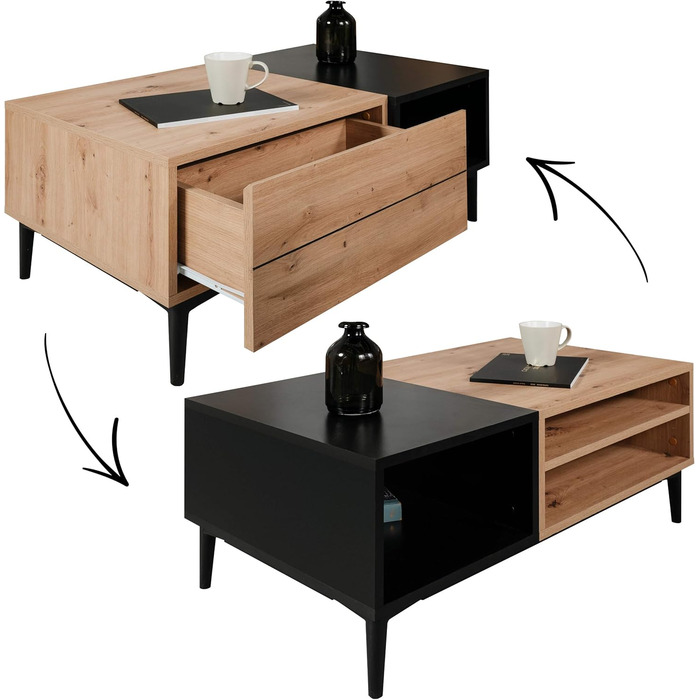 Журнальний стіл Newfurn чорний, дикий дуб, вінтаж індастріал, 100x40x55 см, для вітальні, у стилі лофт
