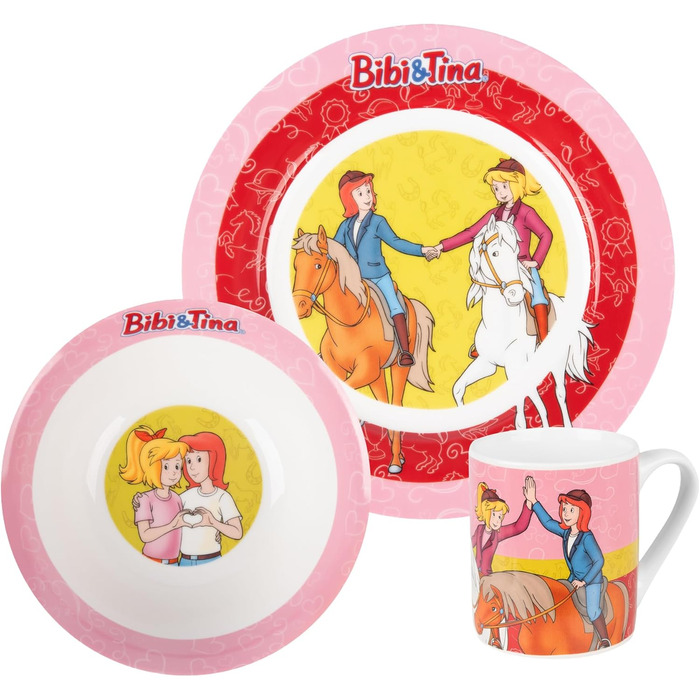 Дитячий посуд Bibi & Tina: комплект з 3 предметів (тарілка, чашка, миска), рожево-червоний, порцеляна, 19/220/330 мл