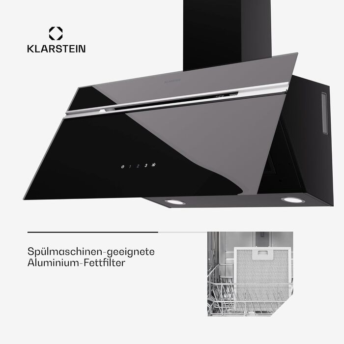 Витяжка для кухні Klarstein Alina 80 см, чорна: потужність 600 м³/год, сенсорне керування Touch Control, LED-підсвітка, режим рециркуляції та відведення повітря, клас енергоефективності A