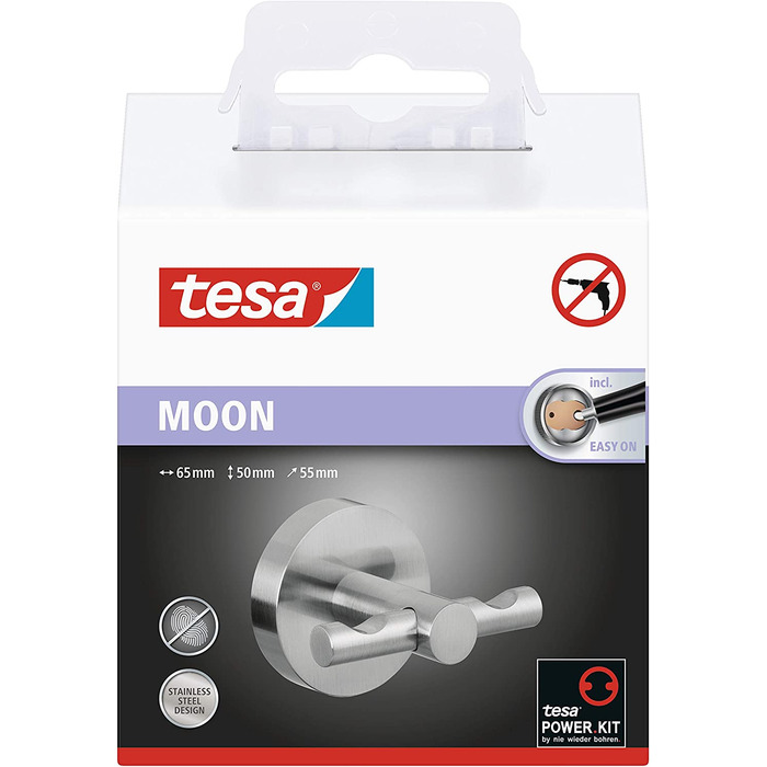 Гачок для рушників tesa MOON, хромований нержавіючий метал, настінний монтаж без свердління, з клейкою основою, 60x50x55 мм, для ванної та гардеробу