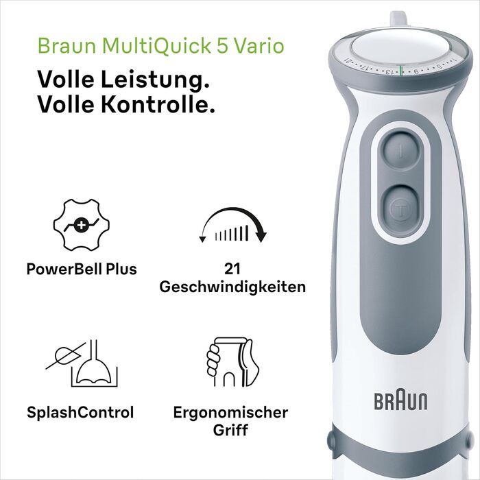 Блендер Braun MultiQuick 5 Vario MQ 5245WH, 1000 Вт, нержавіюча сталь, ручний, 4 насадки, білий/сірий