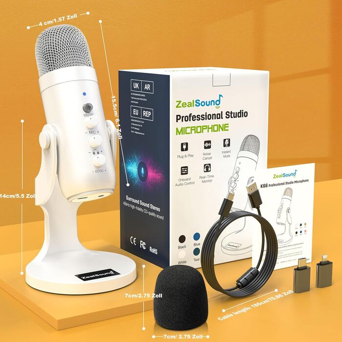 ZealSound USB мікрофон K66 перламутрово-білий, конденсаторний мікрофон для ПК, смартфонів, PS4, PS5, USB-C, для ігор, подкастів, запису, стрімінгу, зі стумом, регулюванням гейну та ефектом ехо, сумісний з Mac, Windows