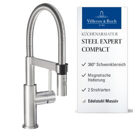 Змішувач кухонний Villeroy & Boch Steel Expert Compact, нержавіюча сталь, поворотний вилив, економія води, висота 143 мм