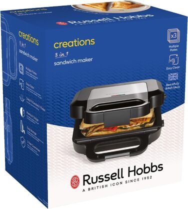 Мультифункціональний пристрій Russell Hobbs 3-в-1: сендвічниця, вафельниця, гриль Creations, антипригарне покриття, глибокі пластини, підходить для миття в посудомийці, BPA безпечний, модель 26810-56