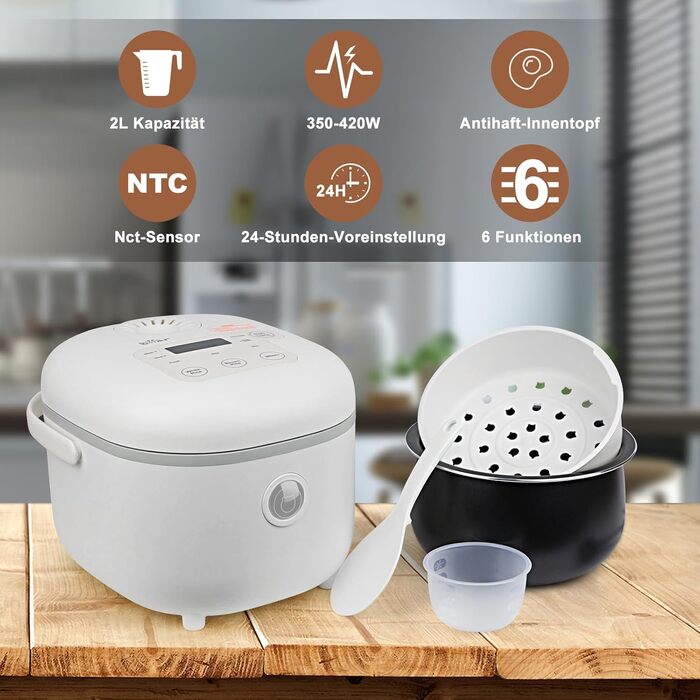 Рисварка електрична Bear 2л, 350W, 6 програм, на 2-4 особи, біла - для приготування рису та на пару