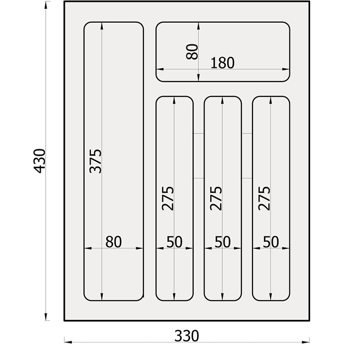Лоток для столових приборів Sossai Divio 33x43 см, 5 відділень, антрацит, для шухляд 40 см, підрізний органайзер