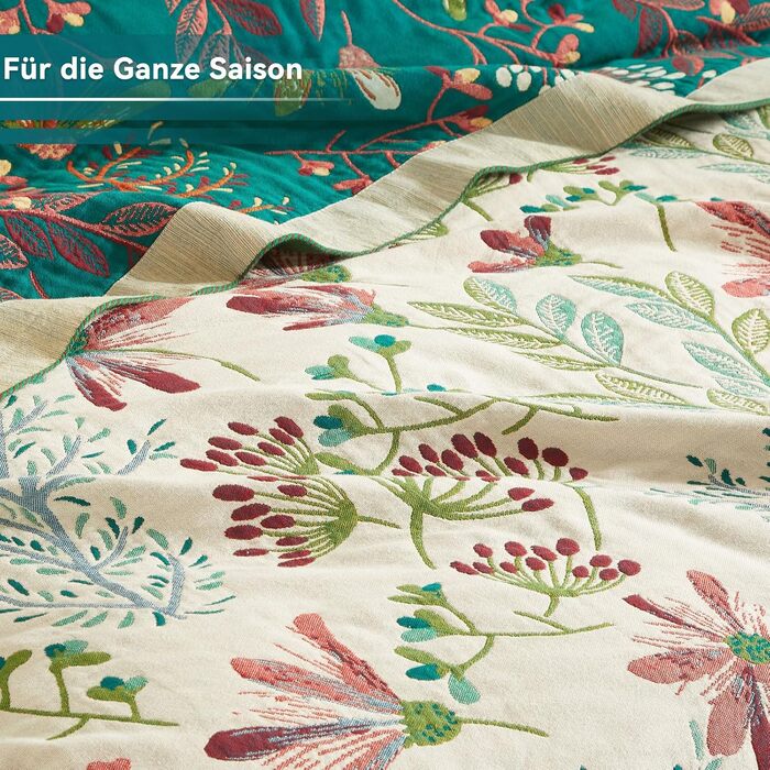 Покривало Bailix Premium Boho з 100% бавовни, двостороння муслінова ковдра 150x200 см, плед для дивана та ліжка в стилі пэчворк, смарагдово-бежевий