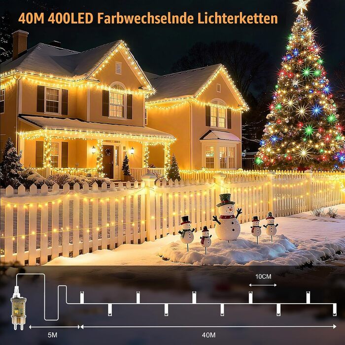 Світлодіодна гірлянда Dalugo для вулиці та ялинки, 500 LED, 40м, водонепроникна зовнішня новорічна ілюмінація з таймером, 8 режимів та функцією пам'яті (теплий білий + багатоколірна)