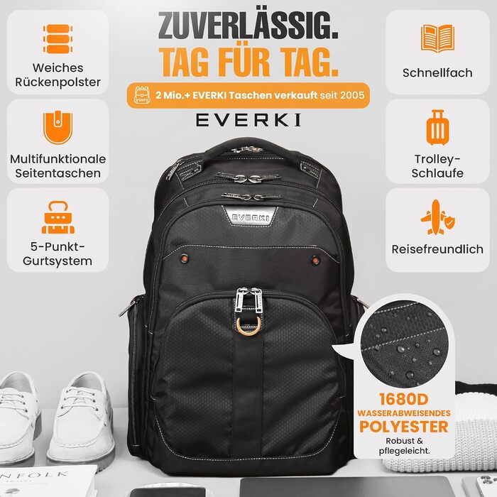 Бізнес-рюкзак для ноутбука Everki Atlas 32L (13–17.3 дюймів), ергономічний дорожній рюкзак з регульованим відділенням, чорний