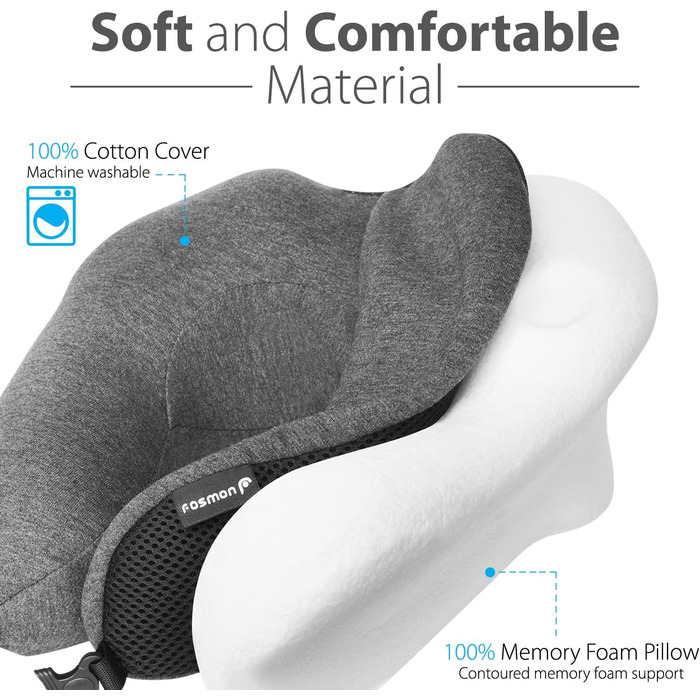 Дорожня подушка Fosmon з берушами, комфортна анатомічна подушка з піни з пам’яттю для підтримки голови та підборіддя, 100% бавовняний знімний чохол, темно-сіра/чорна