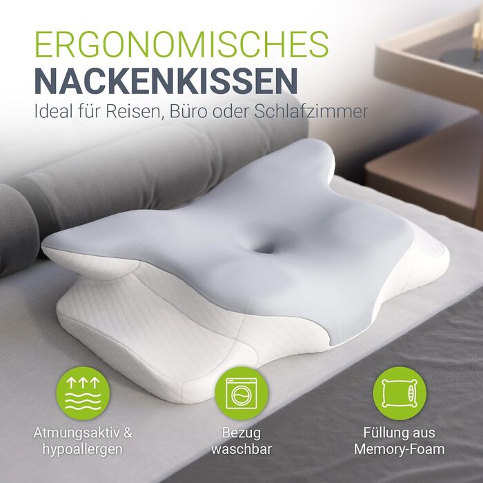 Подушка для шиї Juskys 2 шт. з Memory Foam, ергономічна, дихаючий чохол, для здорового сну - білий/сірий