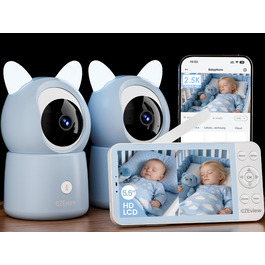 Відеоняня з камерою 2.5K та 5.5" HD екраном, нічний режим, Wi-Fi, додаток, музика, нічник, датчик руху (Синій, 2 камери)