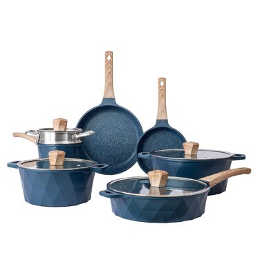 Набір посуду індукційного Country Kitchen Navy Diamond 13 предметів: каструлі та сковороди з антипригарним алюмінієвим покриттям, бакелітові ручки, скляні кришки (синій)